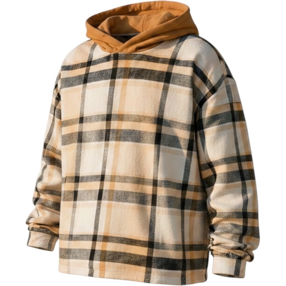 Boys Hooded Flannel Shirt Plaid Tan Black White  Size S 6/7
